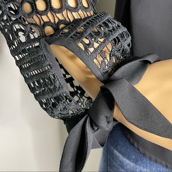 NWT Express Off Shoulder Black Blouse Eyelet Lace Sleeves Semi Sheer Size Small - Picture 3 of 13